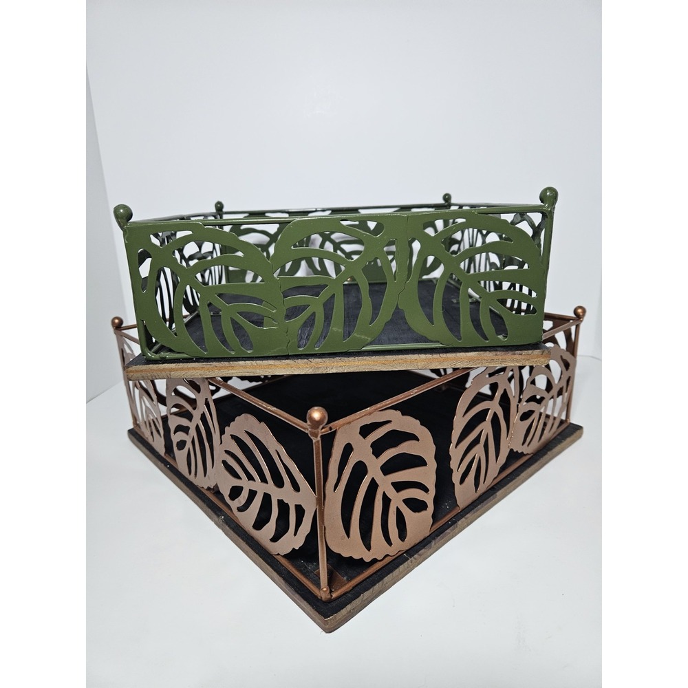 Leaf Metal Planter Set 2 Tropical Monstera Decorative Baskets Green Bronze Tray